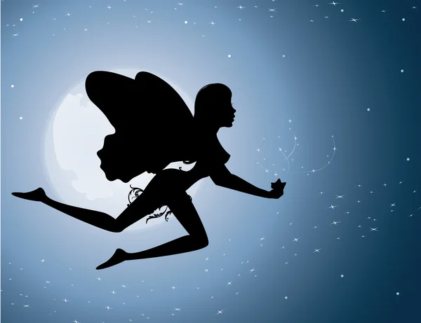 Silhouette de fée volante dans le ciel nocturne — Image vectorielle