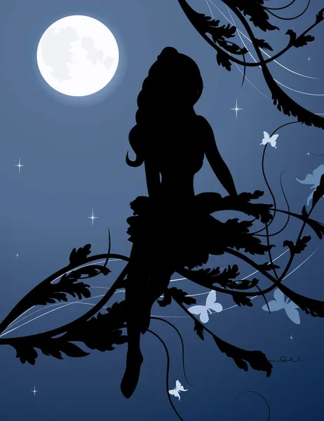 夜の空で妖精シルエット — ストックベクタ