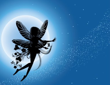 Flying fairy silhouette in night sky clipart