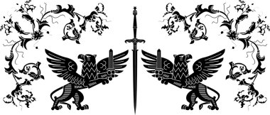 Sword, Griffins and floral elements stencil composition clipart