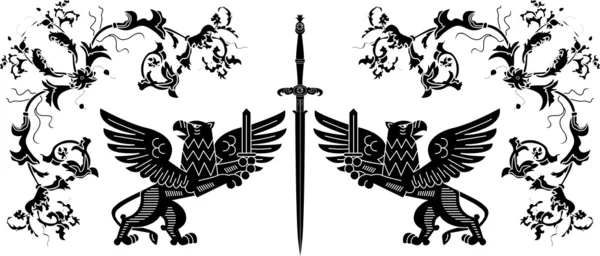 Épée, Griffins et éléments floraux composition au pochoir — Image vectorielle