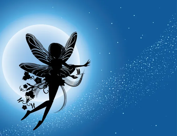 Літаючий силует феї в нічному небі Стокова Ілюстрація