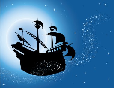 Magic sailing vessel silhouette in night sky clipart