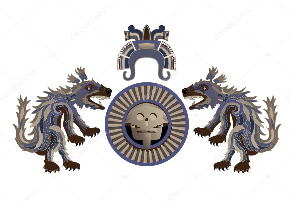 Aztec arms with feathery coyote and the sun of the dead