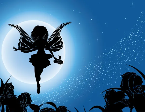 夜空の花の妖精のシルエット — ストックベクタ