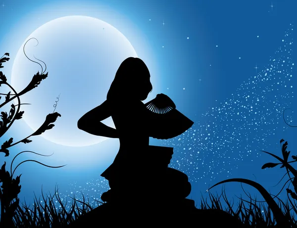 Silhouette of the girl with a fan in a full moon — Stock Vector