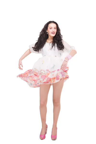 Beautiful model in dress on white — Stock Photo, Image
