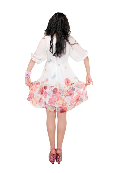 Vacker modell i klänning på vit — Stockfoto