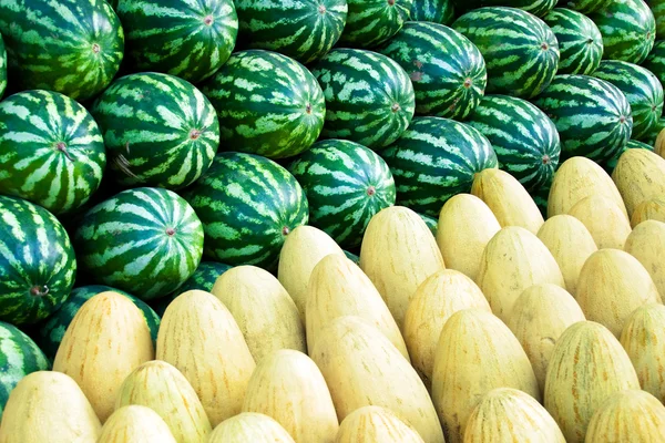 Gruppe frischer reifer Wassermelonen und süßer Melonen Stockbild