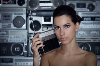 Woman with retro radio and Boom Box clipart