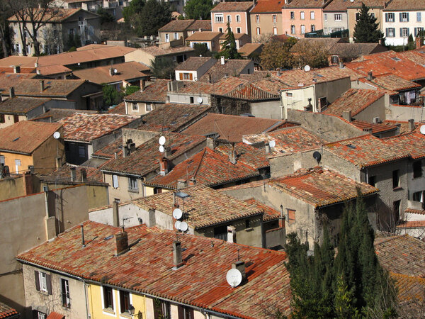 Tile roofs of the ancient town of Carcassonne. Southern France.