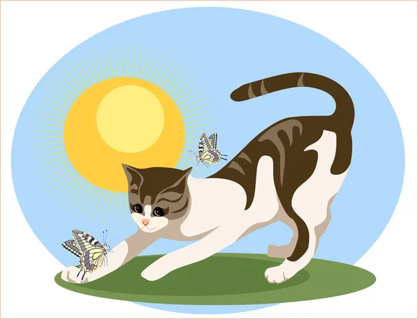 Cat playing with butterflies — Stock Vector