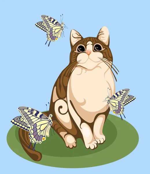 Katze spielt mit Schmetterlingen — Stockvektor
