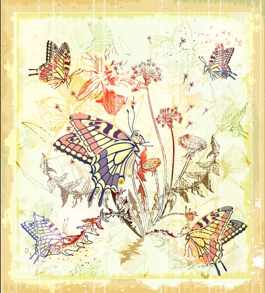 Fondo con mariposas y flores — Vector de stock