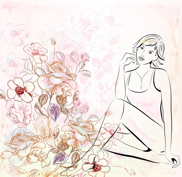 Дівчина над квітковим тлом — стоковий вектор