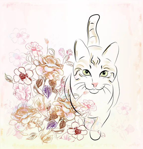 Кошка и розы — стоковый вектор
