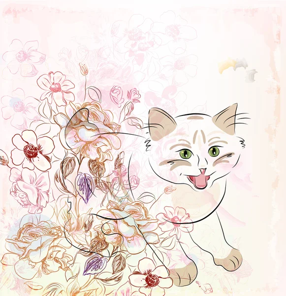 Yavru kedi ve çiçekler — Stok Vektör