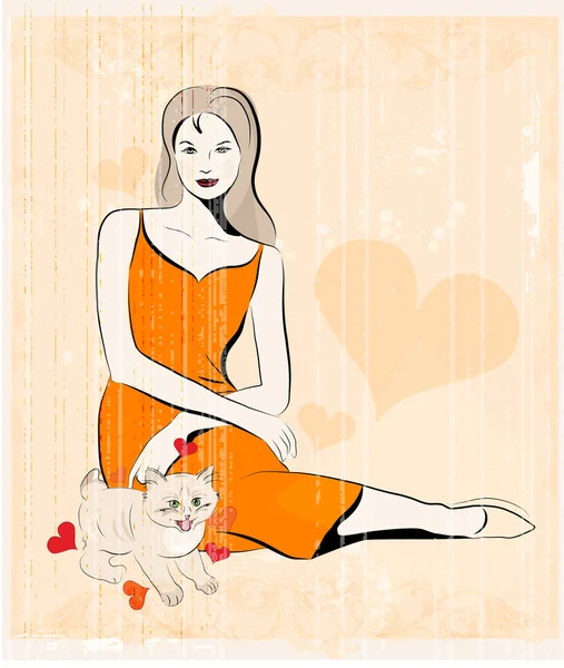 Kız ve Kedi — Stok Vektör