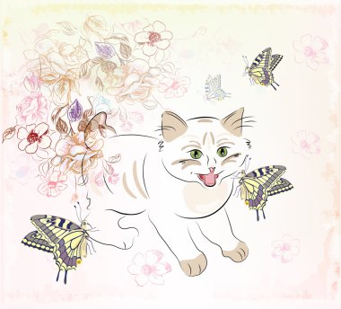 Kitten and butterflies clipart