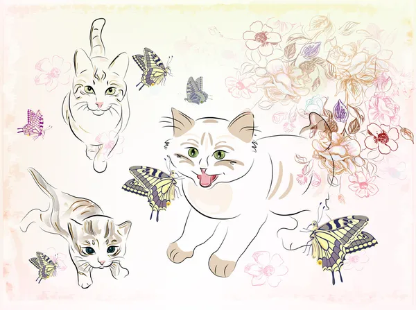 Gatti e farfalle — Vettoriale Stock