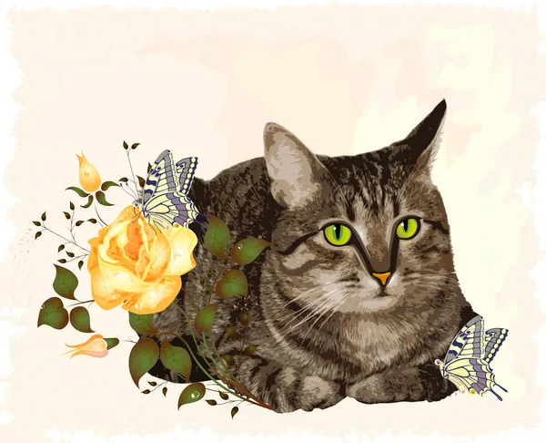 Tarjeta de felicitación vintage con gato — Archivo Imágenes Vectoriales