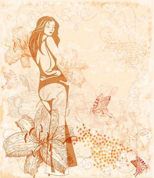花卉背景的女孩 — 图库矢量图片
