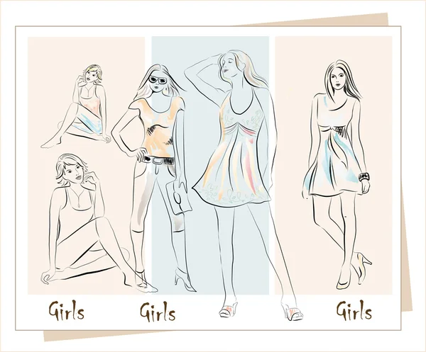 Illustration à main levée des filles de la mode — Image vectorielle