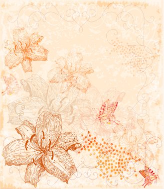 Sepia floral background with butterflies clipart