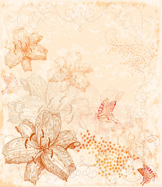 蝶とセピア色の花の背景 — ストックベクタ