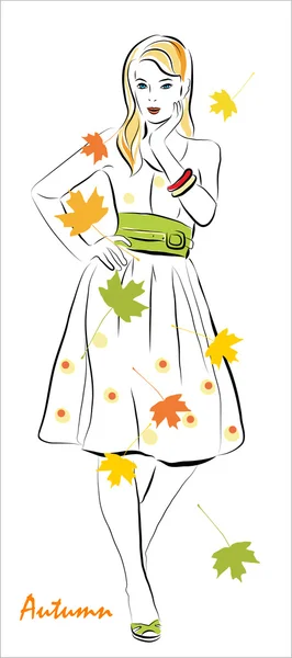 Girl and autumnal leaves — Stock Vector