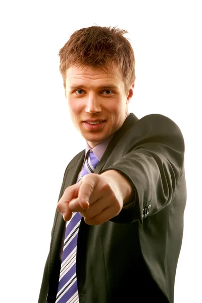 Um jovem homem de negócios, apontando dedo indicador — Fotografia de Stock