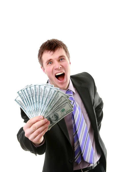 Кричащий бизнесмен держит деньги в руках — стоковое фото