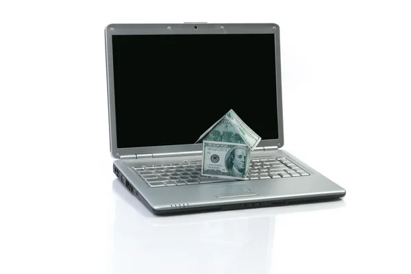 Laptop, money house — Stock Photo, Image