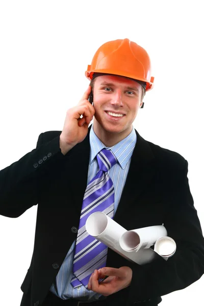 Yuong construction worker isolated on wh — Stock Photo, Image