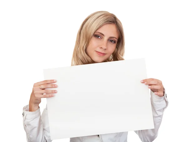 Beautiful business woman with white poster. — Stock Photo, Image