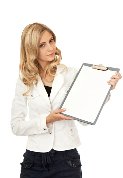 Beautiful business woman shows a tablet — Stock Photo, Image