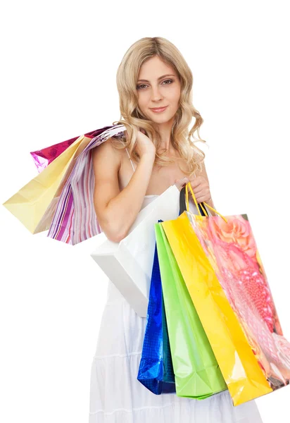 Joyful women customers with their purchases. — Stock Photo, Image