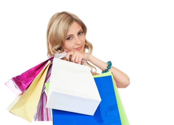 Clientes mulheres alegres com suas compras . — Fotografia de Stock