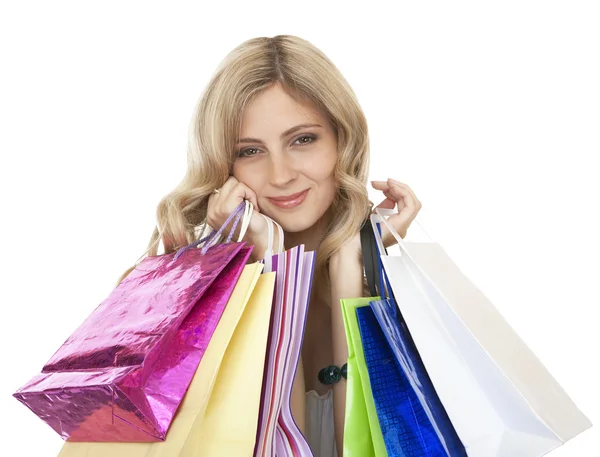 Mujeres alegres clientes con sus compras . — Foto de Stock
