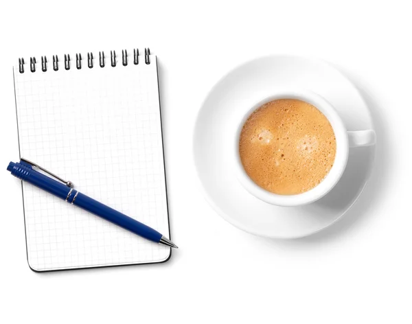 Organizador em branco com caneta e xícara de café — Fotografia de Stock