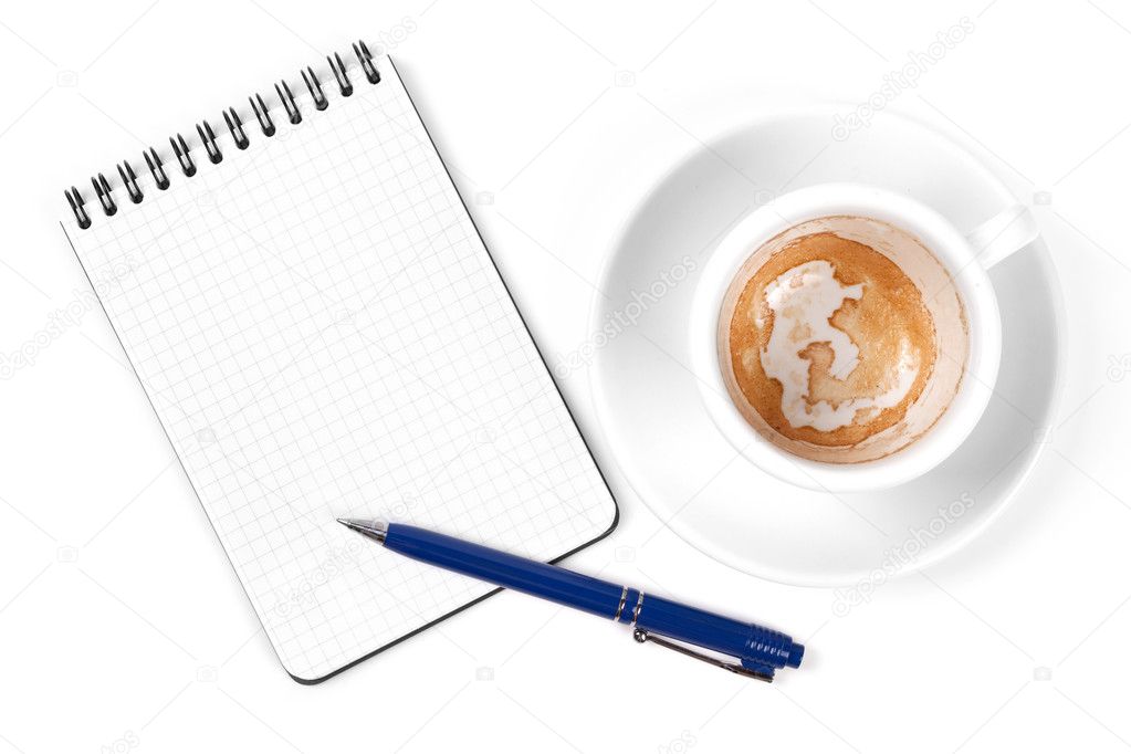 Blank organizer with pen and empty coffe