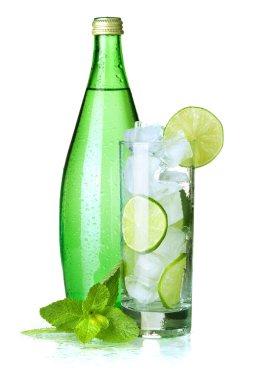 Glass of water with lime, ice and mint clipart