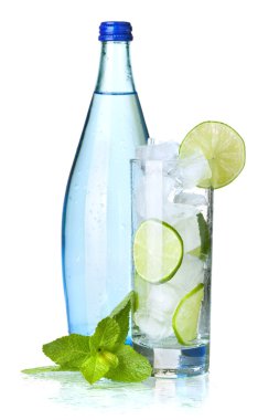 Glass of water with lime and ice clipart