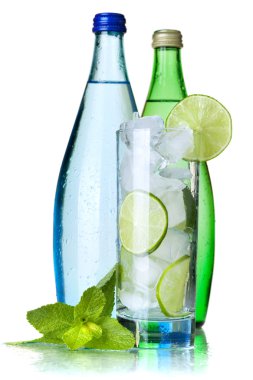 Glass of water with lime, ice and mint clipart