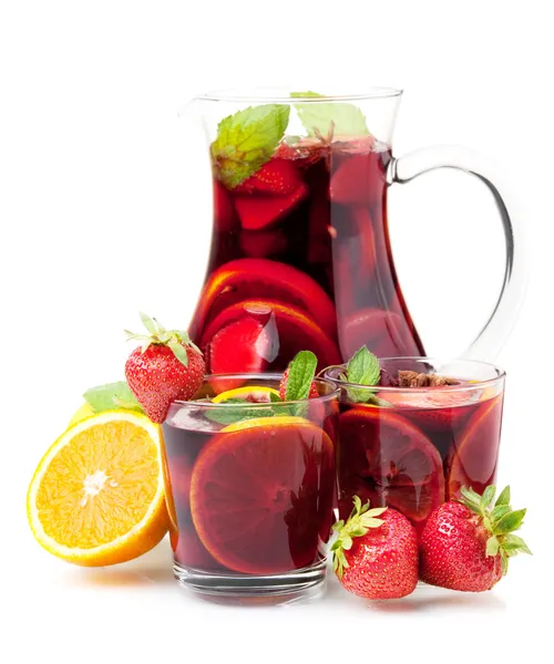 Refreshing fruit sangria in jug and two — Stock Photo, Image