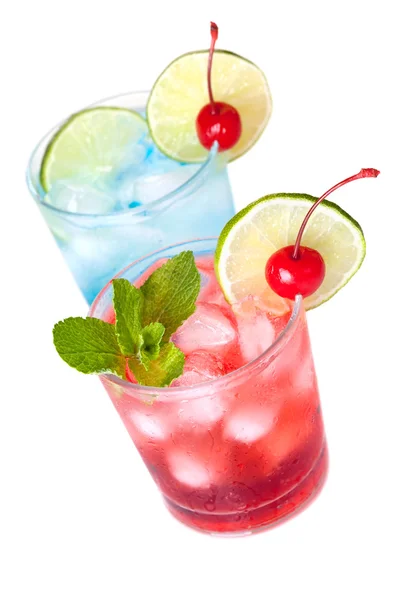 Two cocktails with lime slice and maraschino — Stock Photo, Image