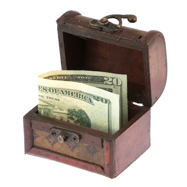 Twintig dollar bankbiljet in oude kist — Stockfoto