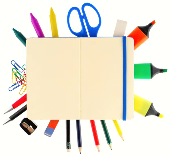 Notepad with stationary objects on white background — Stock Photo, Image