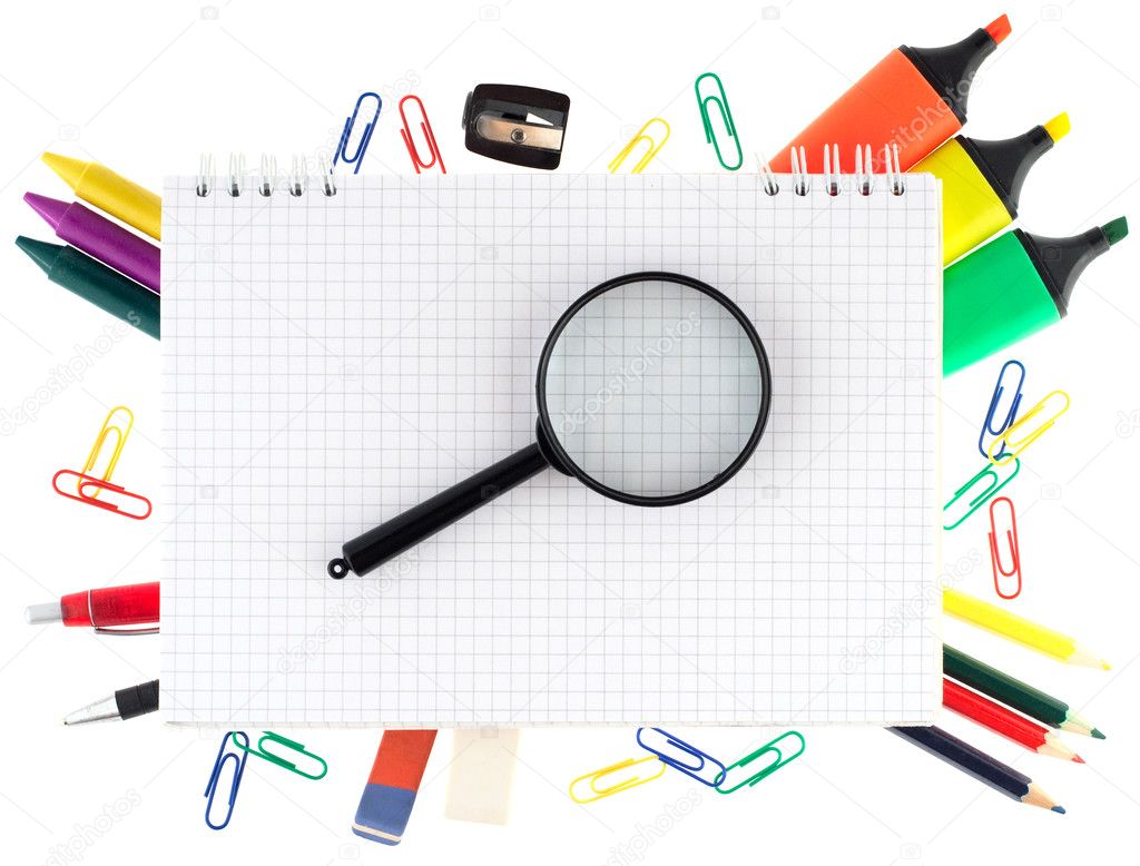Notepad with stationary objects on white background — Stock Photo