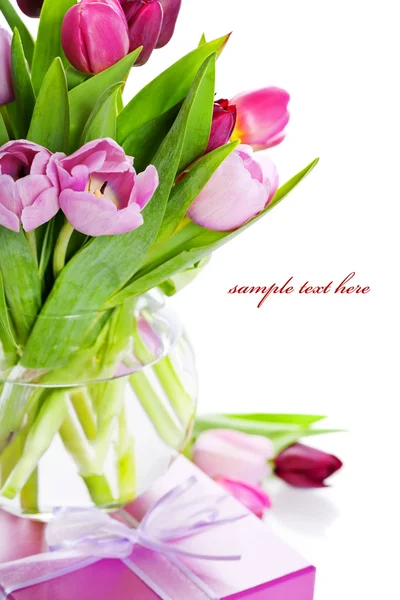 Pink tulips and gift box — Stock Photo, Image